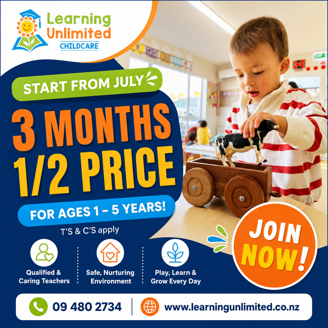 Three months half price childcare offer for ages one to five. Terms and conditions apply.